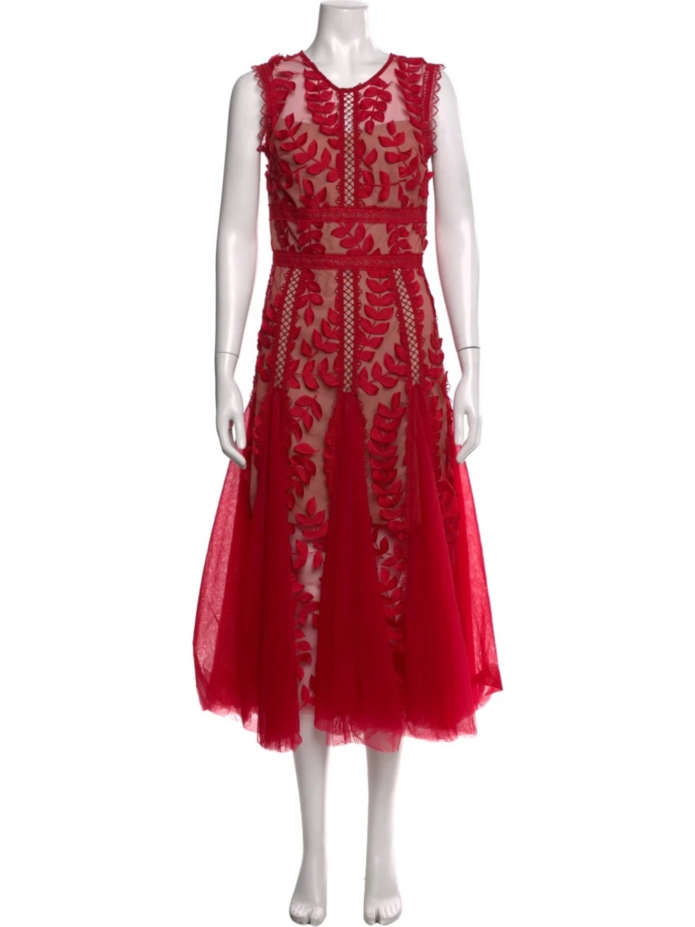 Bronx and Banco Red Sleeveless Embroidered Midi Dress